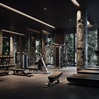 Imagine stepping into a modern gym bathed in natural light, with expansive windows offering stunning views of a lush forest. This space is the epitome of contemporary luxury, designed to elevate your fitness experience. Equipped with state-of-the-art treadmills, stationary bikes, weight machines, and free weights, the gym caters to all your workout needs. The dark, sleek interior design features concrete pillars and tasteful wooden accents that reflect the sophistication of upscale living apartments.

This remarkable facility is brought to life by Redlac Real Estate in Dubai—a name synonymous with excellence and innovation in real estate development. At Redlac Real Estate, we believe in creating environments where luxury meets functionality. Step into a world where every detail is curated for an unparalleled lifestyle experience. Discover your dream space today with Redlac Real Estate—the leader in premium property offerings within Dubais vibrant real estate market.