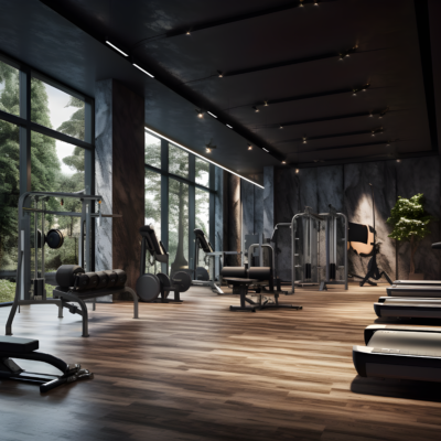 Introducing an exquisite gym located within a contemporary luxury apartment by Redlac Real Estate in Dubai. This spacious and modern fitness center is adorned with large windows, allowing natural light to fill the room. Equipped with treadmills, weightlifting machines, and a diverse array of exercise equipment, it caters to all your workout needs. Outside, lush trees and greenery enhance the tranquil ambiance, offering an ideal setting for both fitness enthusiasts and those seeking serenity in their living environment. Discover refined living with Redlac Real Estate today.