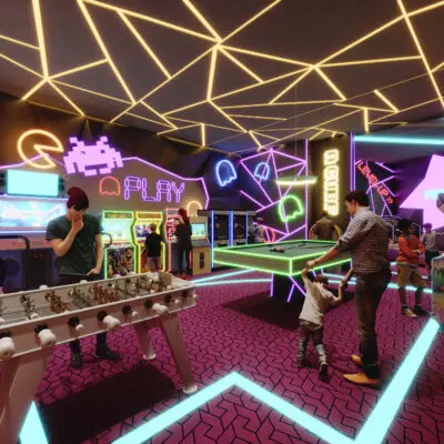 Step into a vivid scene where neon lights and retro charm create an immersive arcade experience. This lively space, featuring classic arcade machines, a foosball table, and striking geometric neon designs on the ceiling and floor, captures the essence of a nostalgic yet modern atmosphere. Much like this dynamic setting, Redlac Real Estate in Dubai offers vibrant studio apartments in JVC that combine contemporary living with unique character. Discover your own slice of retro-inspired decor and vibrant city life with Redlac Real Estate today.