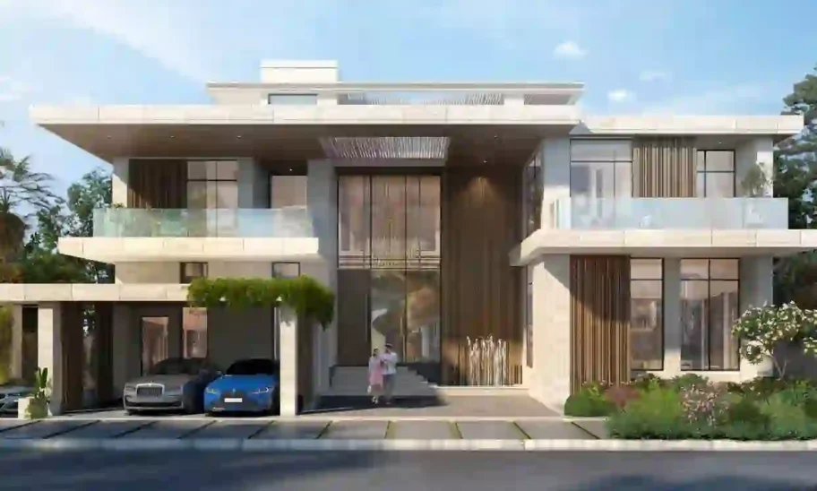 Discover modern elegance with Redlac Real Estate in Dubai. This breathtaking two-story luxury home from the Autograph Collection showcases expansive glass windows and sleek minimalist design. A pair of elegant cars grace the driveway, while a visitor stands poised at the entrance. Lush, manicured greenery frames this architectural masterpiece, epitomizing refined living in one of the worlds most vibrant cities.