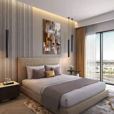 Experience unparalleled luxury with Redlac Real Estate in Dubai. Discover a modern bedroom adorned with a spacious bed, draped in elegant beige bedding and plush decorative pillows. The sophisticated gray accent wall, featuring sleek vertical slats and abstract art, adds a touch of contemporary flair. Floor-to-ceiling windows unveil breathtaking golf views, while chic bedside accents enhance the ambiance.