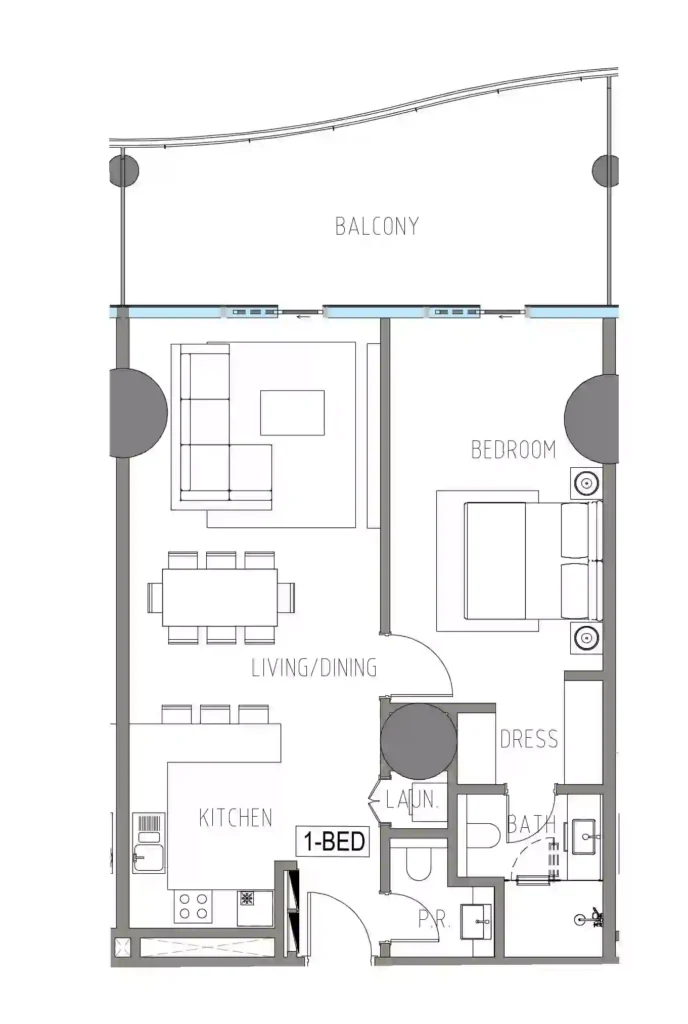 Discover the floor plan of this exquisite 1-bedroom apartment, showcasing an open-plan living and dining area, a state-of-the-art kitchen, a cozy bedroom with dressing space, a contemporary bathroom, and a handy laundry area. Relish your private balcony that enhances the chic interior. Experience premium living with Redlac Real Estate in Dubai—where modern elegance meets unparalleled luxury.