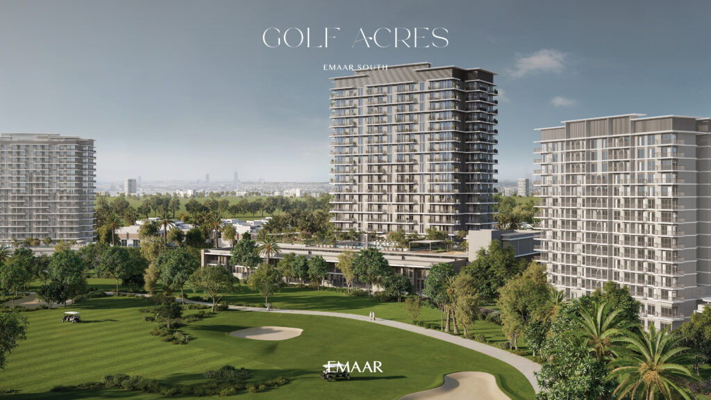 Discover a stunning architectural rendering showcasing sleek high-rise buildings amidst lush greenery and an elegant golf course. The clear blue sky enhances the luxurious vibe at Golf Acres, located in the prestigious Emaar South area. Experience this opulence with Redlac Real Estate in Dubai, your gateway to exceptional properties. Explore unmatched luxury living today!.